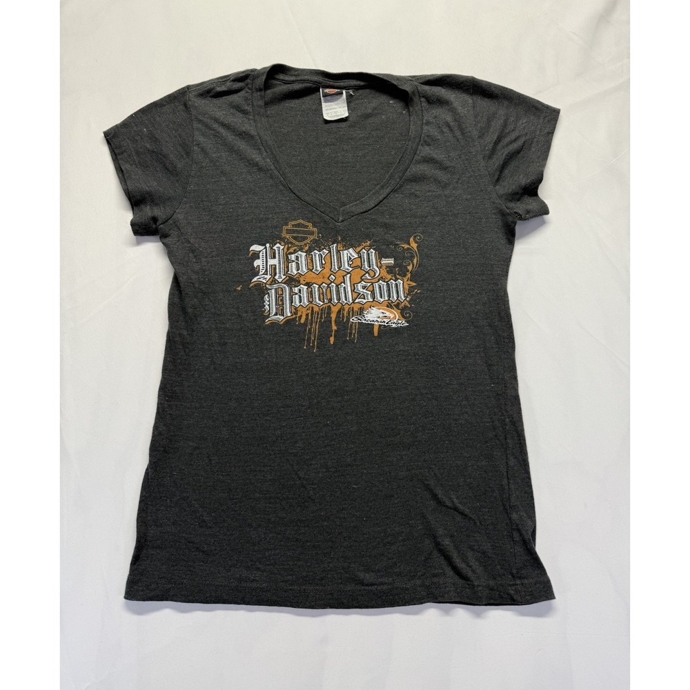 Vintage‎ Harley Davidson Womens Graphic V-neck Tee Gray M Tshirt